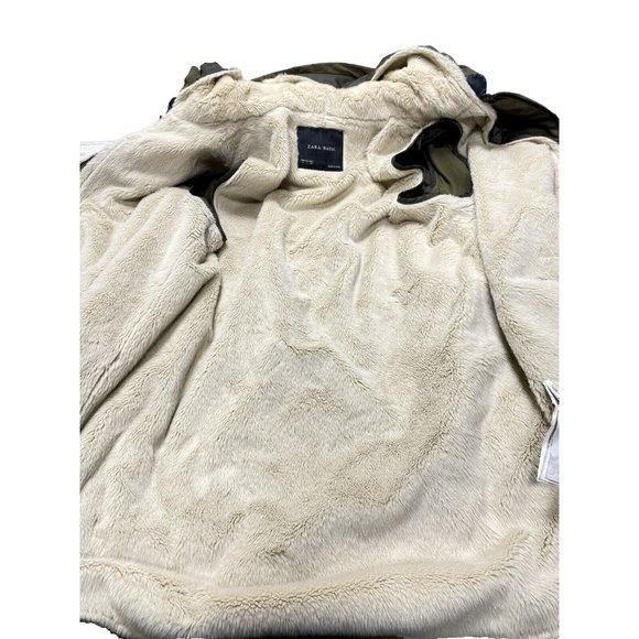 Green Zara Leather and Khaki Winter/Fall Coat Parka L -As is front zipper broken - Picture 9 of 16